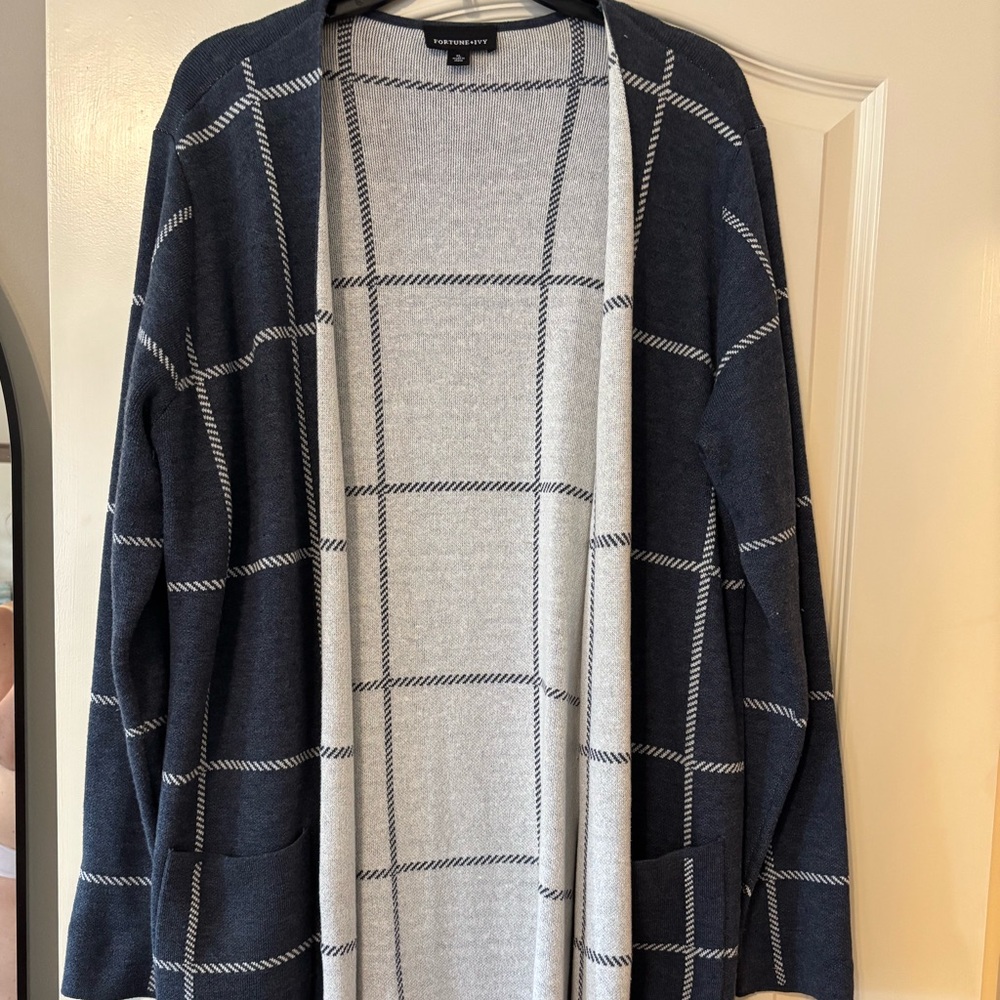 Worthington Navy and Light Gray Windowpane Open-Front Cardigan